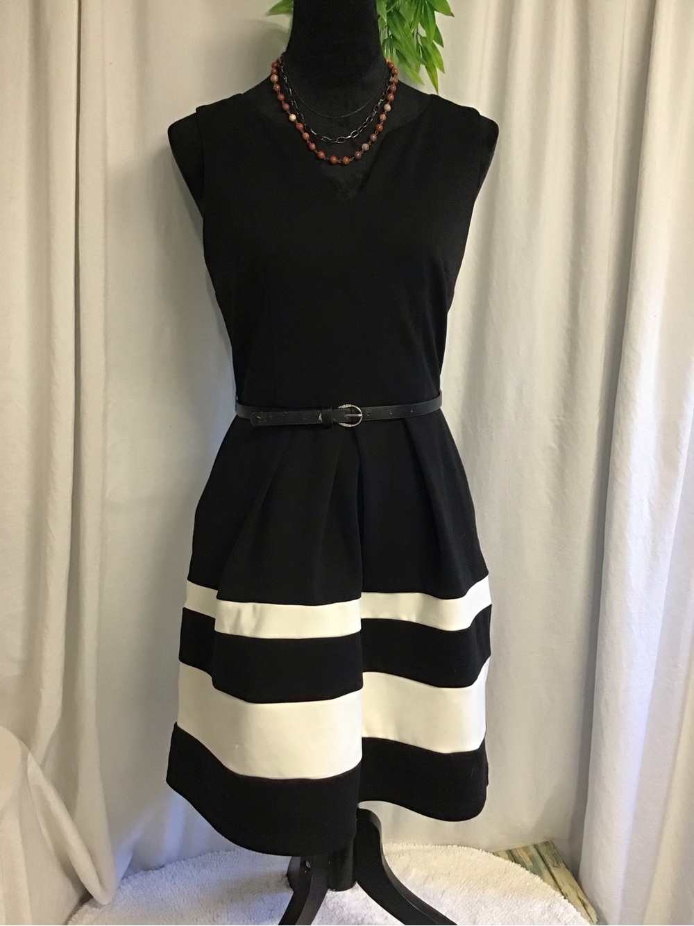 Iz Byer Black and White Striped Fit-and-Flare Midi Dress